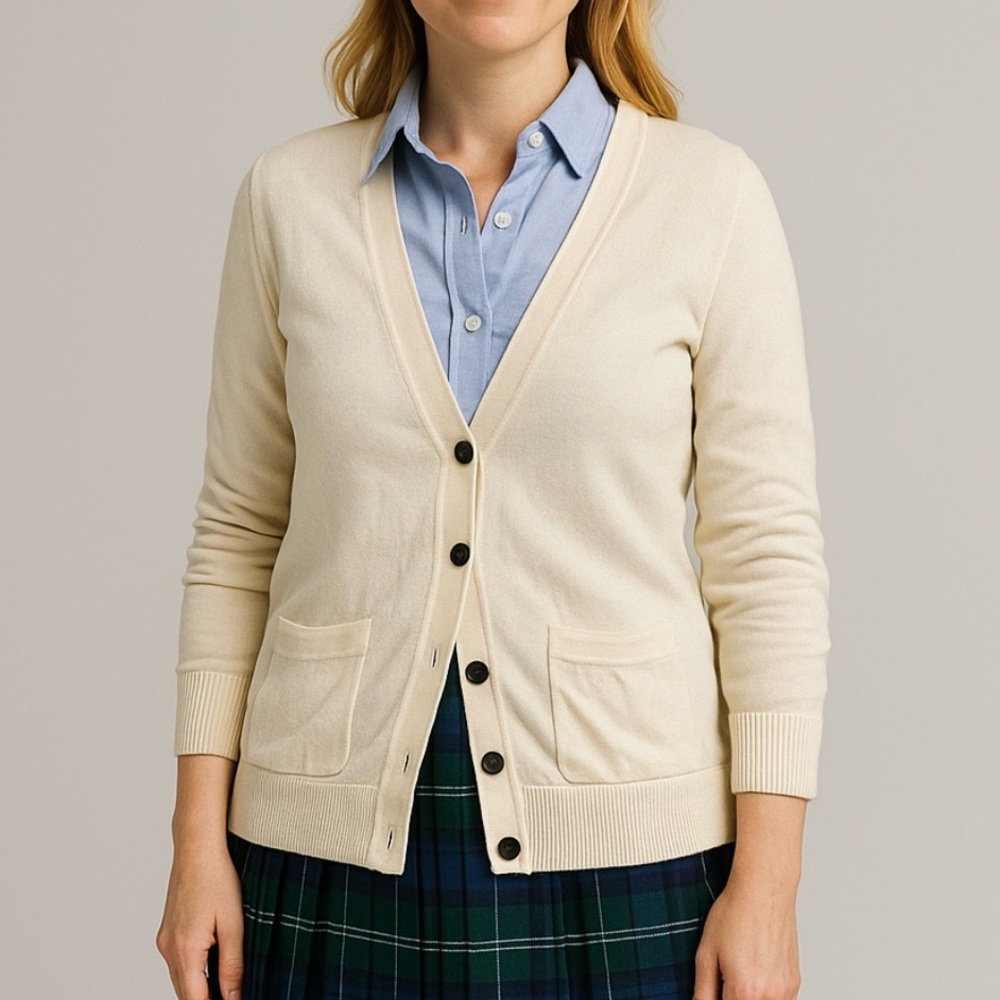 J. Crew 100% Merino Wool Cream V Neck Button Up Cardigan Sweater Classic Size M
